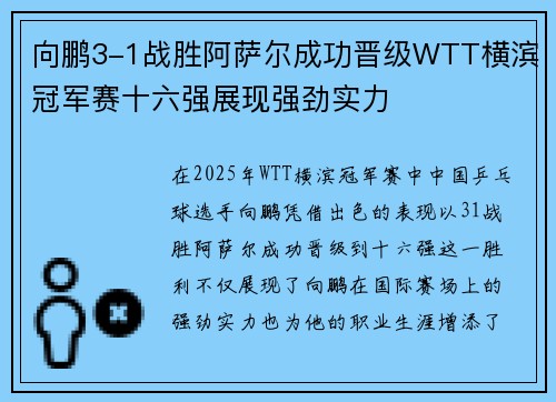 向鹏3-1战胜阿萨尔成功晋级WTT横滨冠军赛十六强展现强劲实力