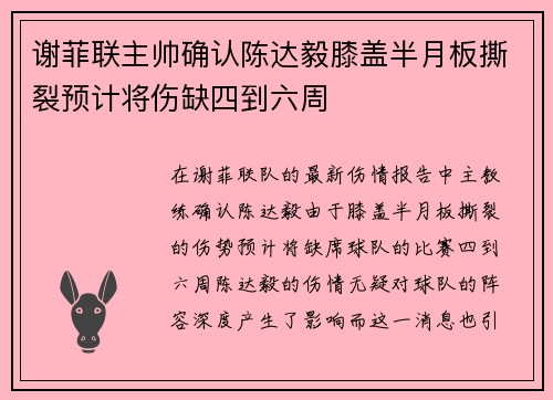谢菲联主帅确认陈达毅膝盖半月板撕裂预计将伤缺四到六周